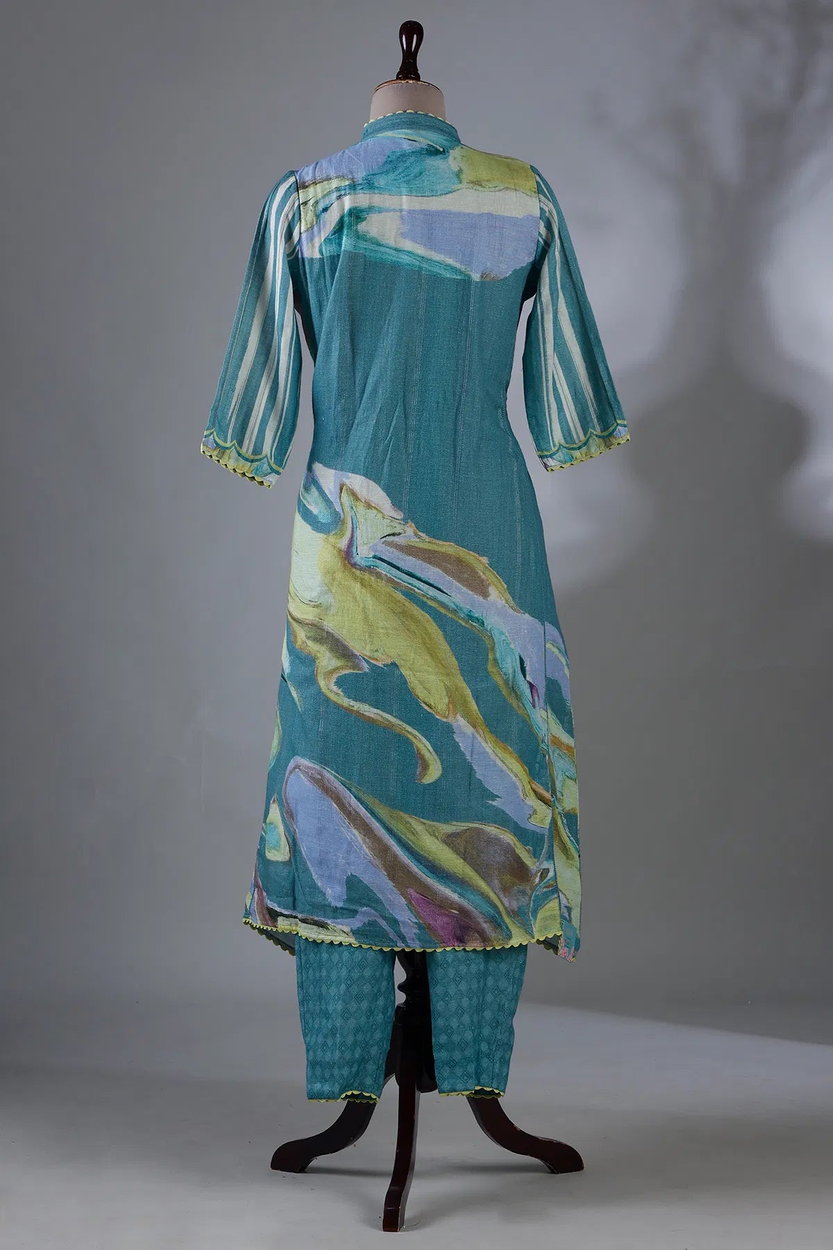 Sea Blue Printed Straight Cut Kurti with Mandarin Collar-JE1031