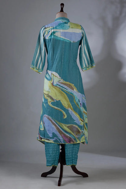 Sea Blue Printed Straight Cut Kurti with Mandarin Collar-JE1031