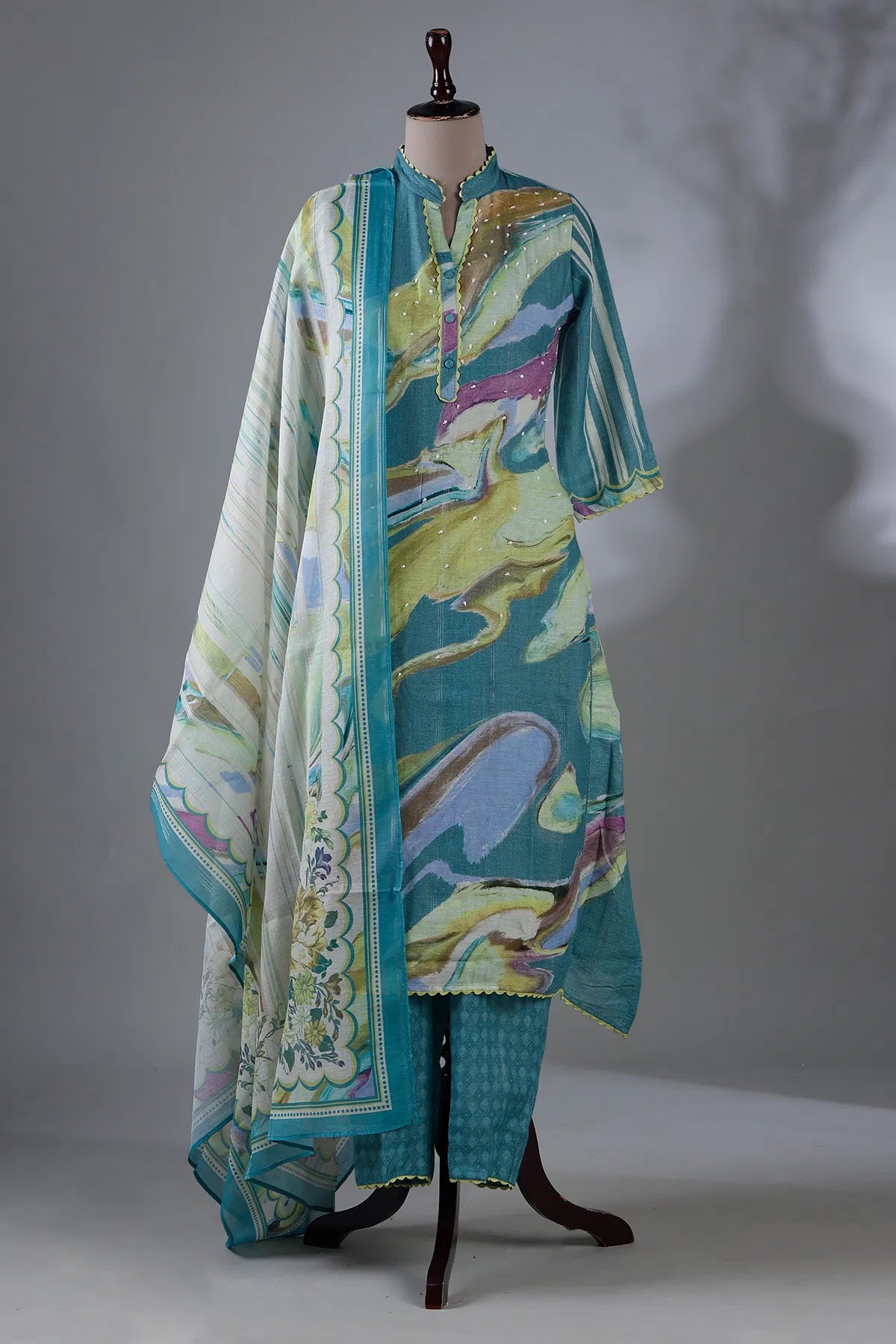 Sea Blue Printed Straight Cut Kurti with Mandarin Collar-JE1031