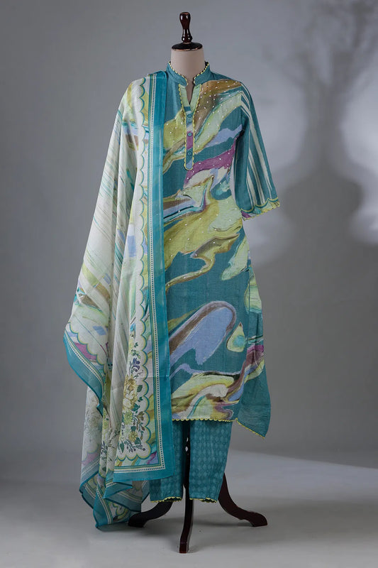 Sea Blue Printed Straight Cut Kurti with Mandarin Collar-JE1031