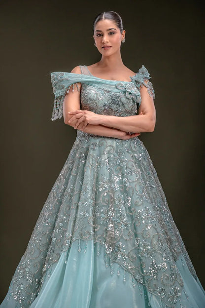 Sky Blue Shimmer Organza Evening Gown with Sequins Embroidery-JA1348