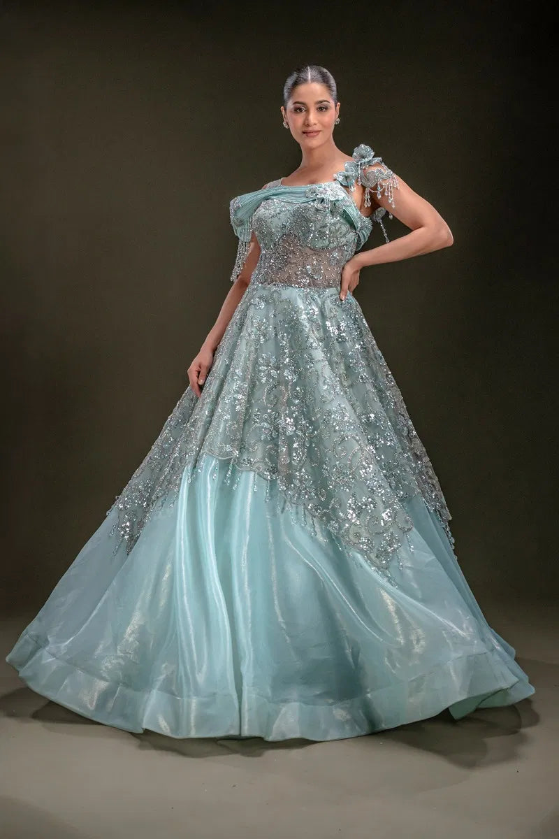 Sky Blue Shimmer Organza Evening Gown with Sequins Embroidery-JA1348