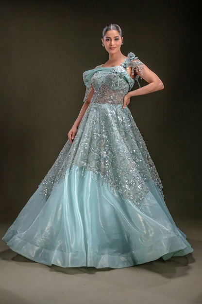 Sky Blue Shimmer Organza Evening Gown with Sequins Embroidery-JA1348