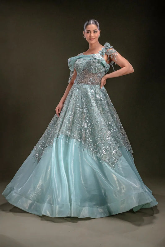 Sky Blue Shimmer Organza Evening Gown with Sequins Embroidery-JA1348