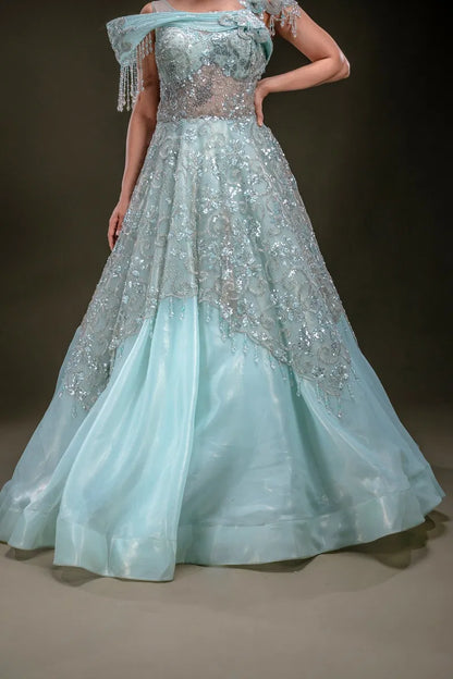 Sky Blue Shimmer Organza Evening Gown with Sequins Embroidery-JA1348