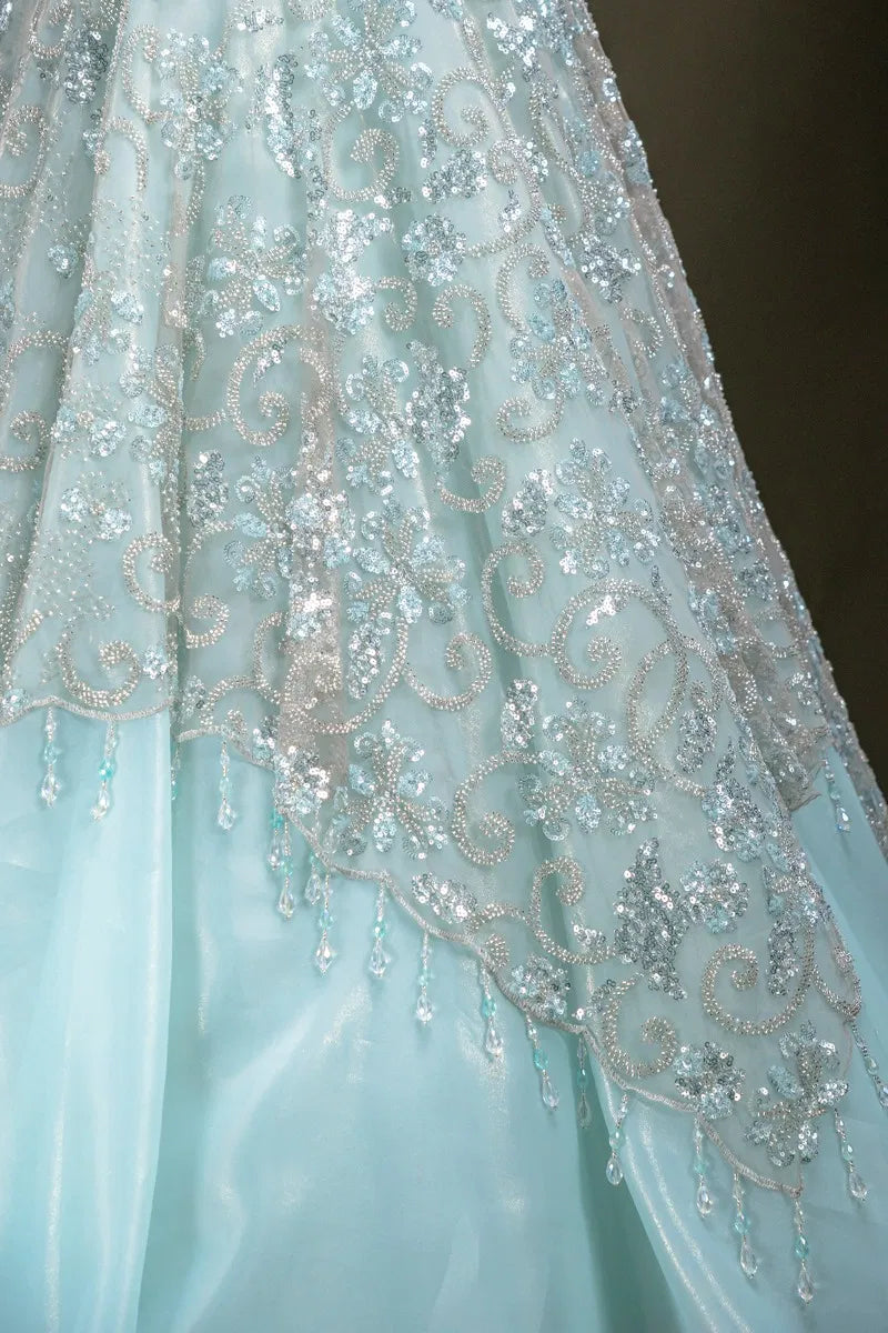 Sky Blue Shimmer Organza Evening Gown with Sequins Embroidery-JA1348