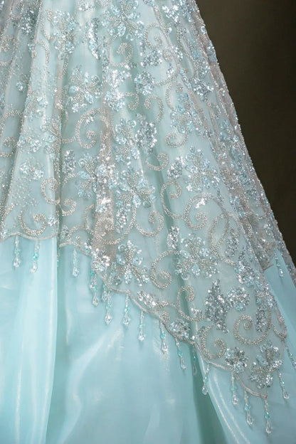 Sky Blue Shimmer Organza Evening Gown with Sequins Embroidery-JA1348