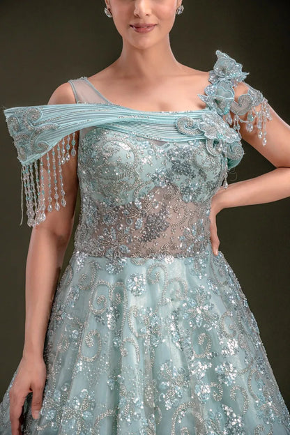 Sky Blue Shimmer Organza Evening Gown with Sequins Embroidery-JA1348