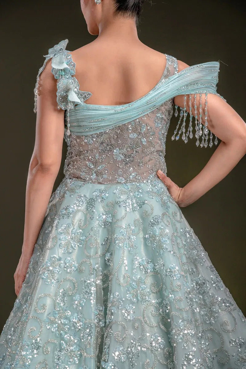Sky Blue Shimmer Organza Evening Gown with Sequins Embroidery-JA1348