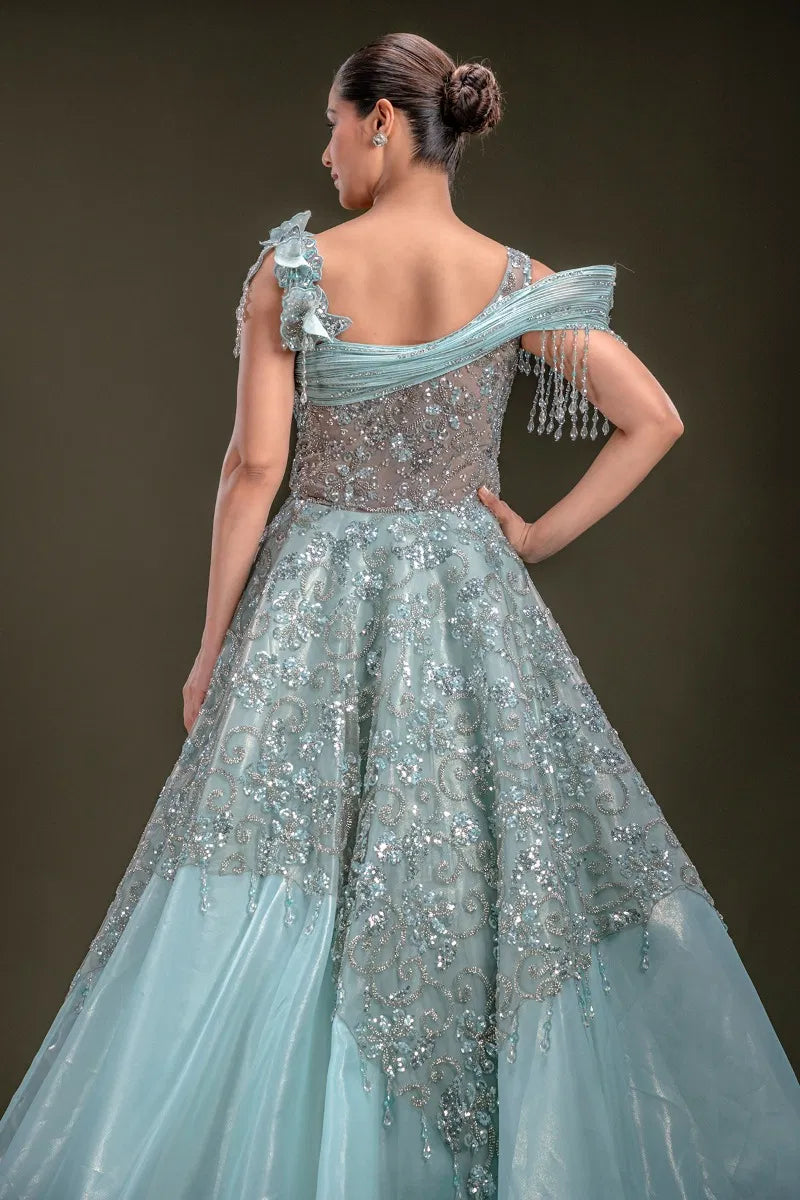 Sky Blue Shimmer Organza Evening Gown with Sequins Embroidery-JA1348