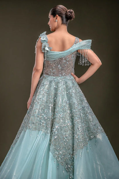 Sky Blue Shimmer Organza Evening Gown with Sequins Embroidery-JA1348