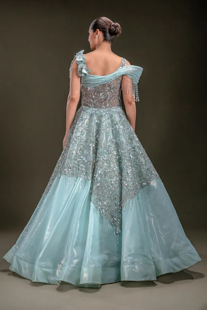 Sky Blue Shimmer Organza Evening Gown with Sequins Embroidery-JA1348