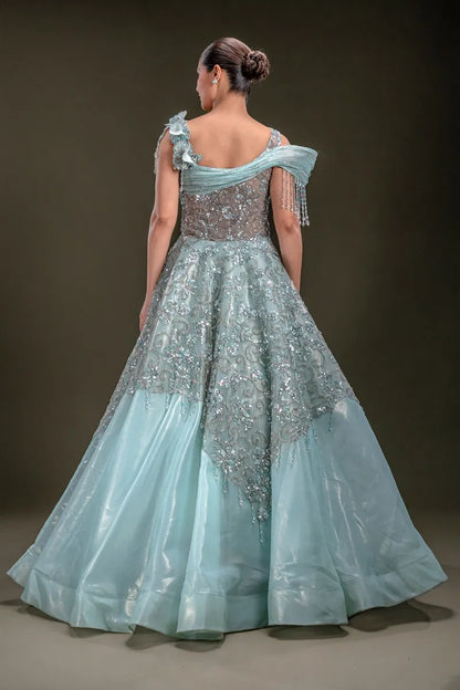 Sky Blue Shimmer Organza Evening Gown with Sequins Embroidery-JA1348