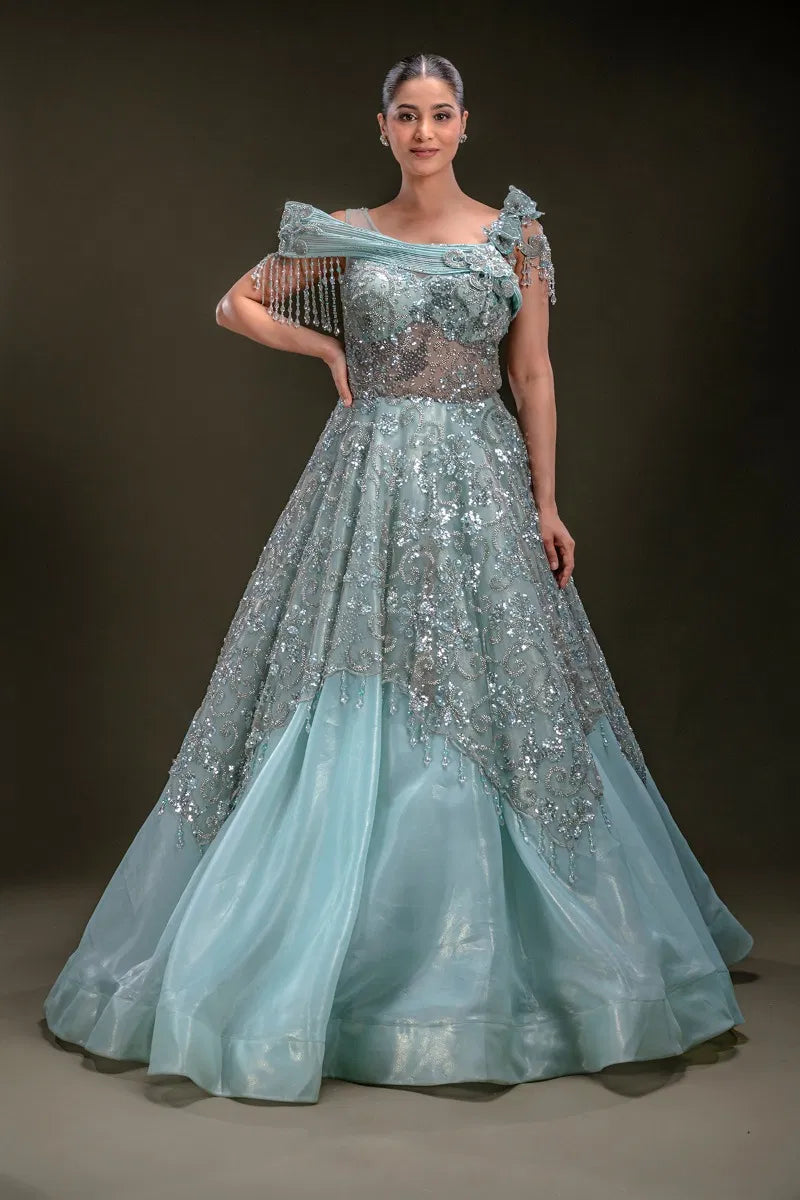Sky Blue Shimmer Organza Evening Gown with Sequins Embroidery-JA1348