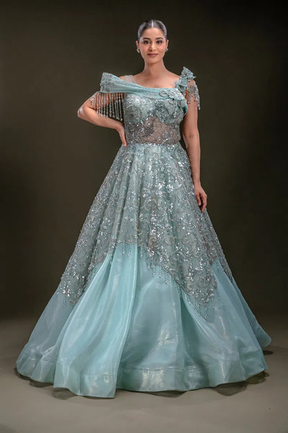 Sky Blue Shimmer Organza Evening Gown with Sequins Embroidery-JA1348