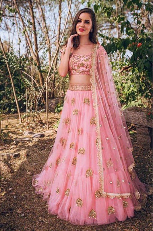 Odette Women Soft Net Pink Semi Stitched Lehenga With  Unstitched Blouse