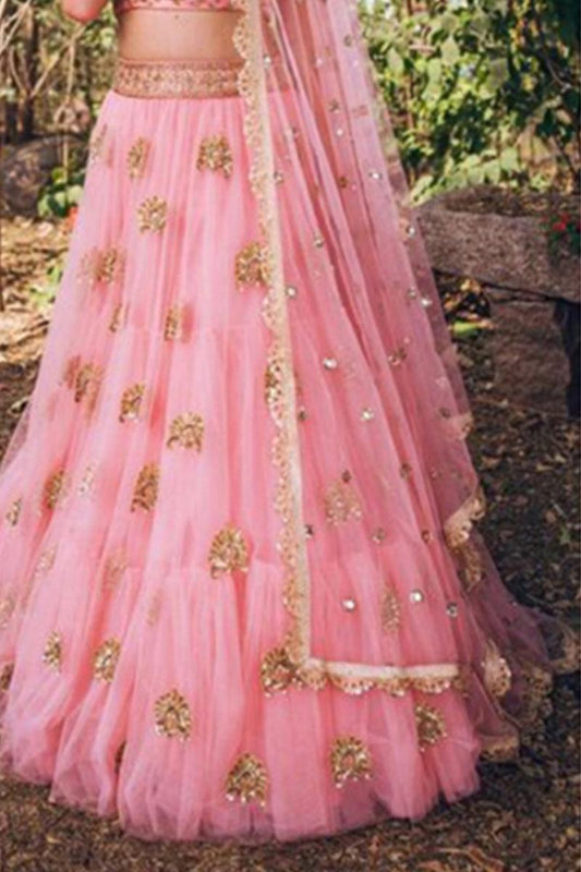 Odette Women Soft Net Pink Semi Stitched Lehenga With  Unstitched Blouse