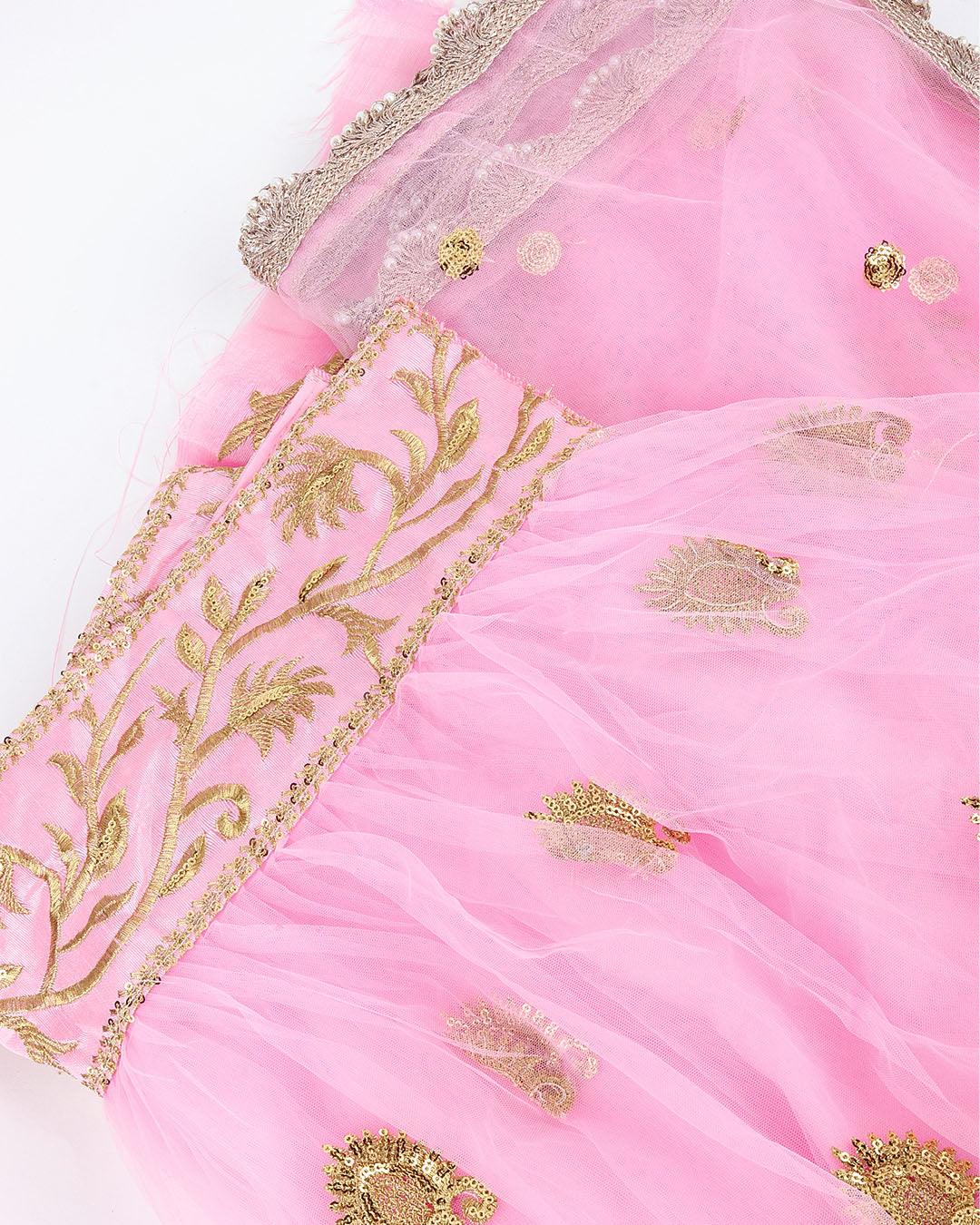 Odette Women Soft Net Pink Semi Stitched Lehenga With  Unstitched Blouse