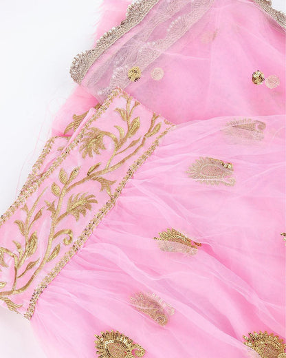 Odette Women Soft Net Pink Semi Stitched Lehenga With  Unstitched Blouse