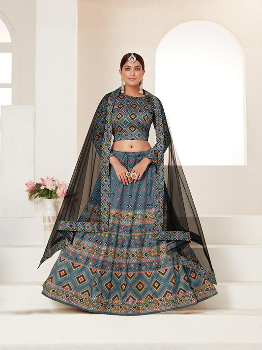 Odette Women Teal Printed Semi Stitched Lehenga With Unstitched Blouse