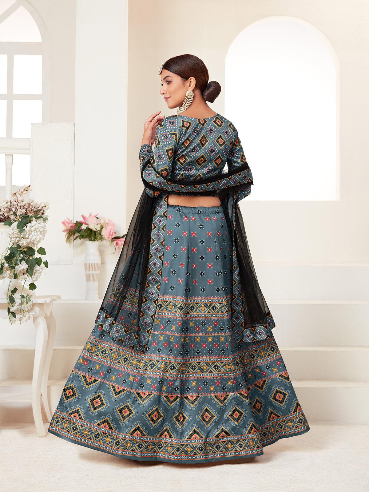 Odette Women Teal Printed Semi Stitched Lehenga With Unstitched Blouse