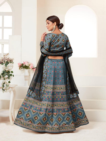 Odette Women Teal Printed Semi Stitched Lehenga With Unstitched Blouse